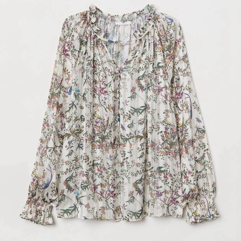 H&M Floral Bird Print Blouse Women's Size 6 Semi Sheer CottageCore Ruffle Sleeve